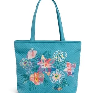 VERA BRADLEY  HAPPY BLOOMS LARGE VERA TURQUOISE MICROFIBER TOTE BAG NWT